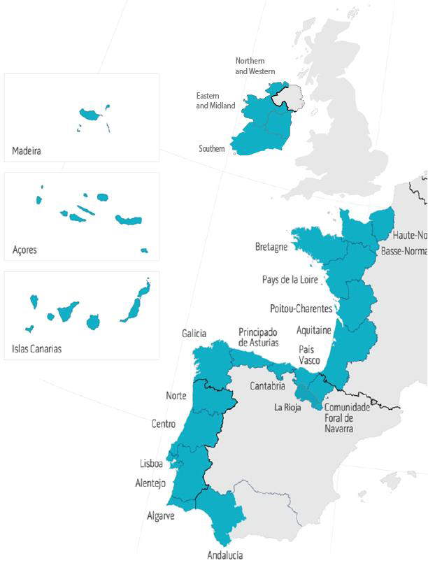 carte du programme Interreg Espace Atlantique 2021-2027